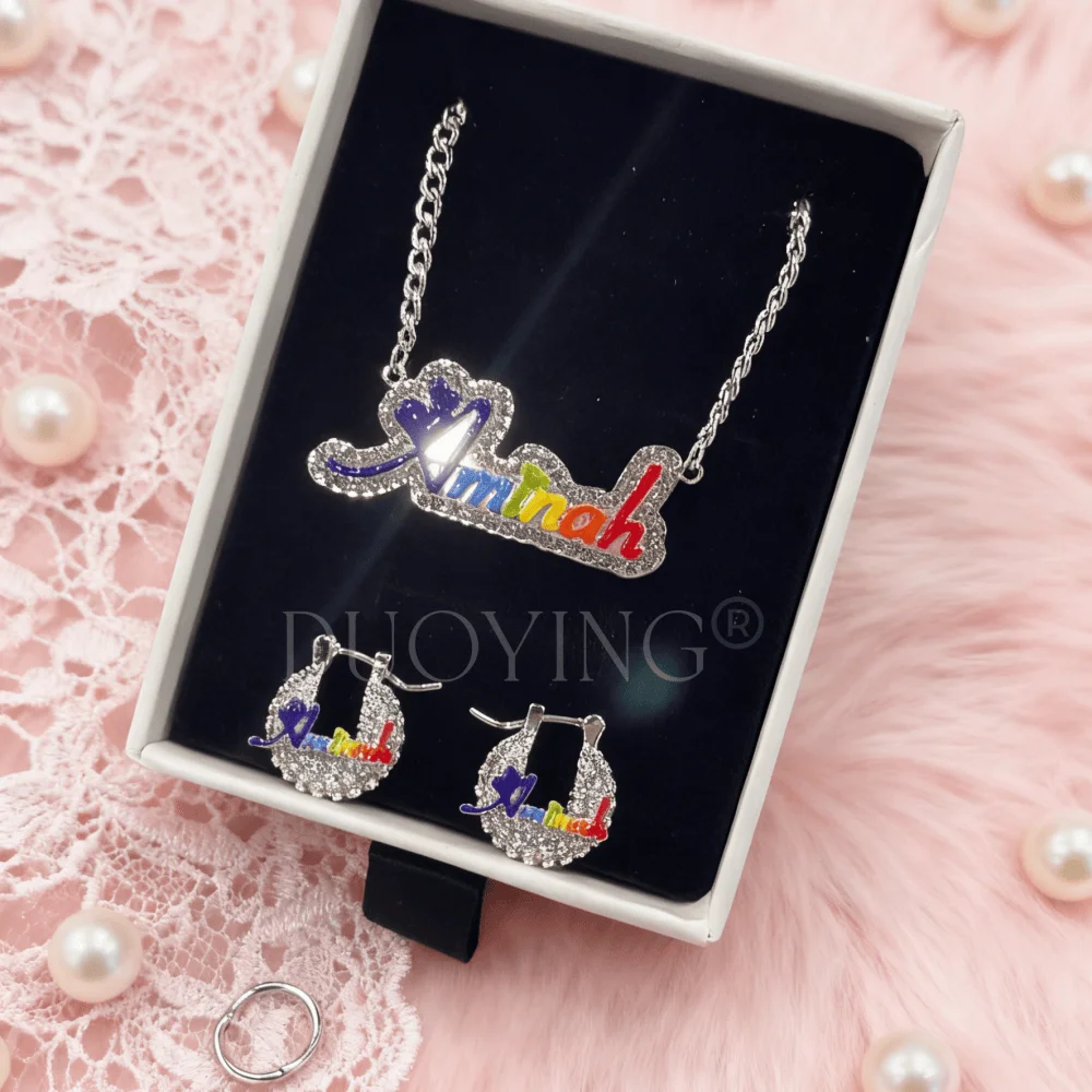 DUOYING مخصص بلينغ قوس قزح لوكس مجموعة الفولاذ المقاوم للصدأ لوحة 15 مللي متر الزركون المينا أقراط قلادة