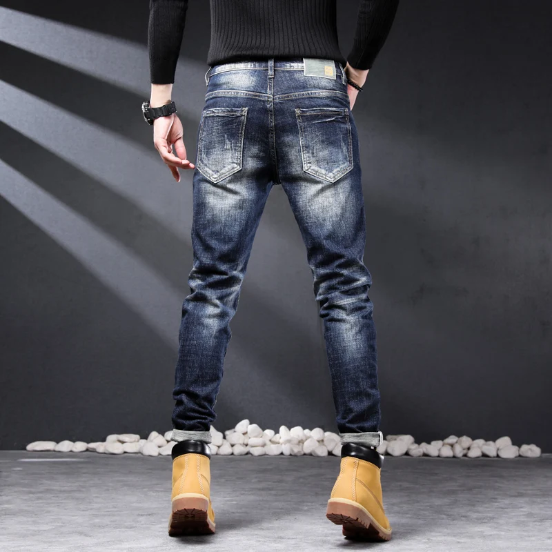 Street Fashion Men Jeans Retro Dark Blue Elastic Stretch Slim Ripped Jeans Men Embroidery Patched Designer Hip Hop Pants Hombre