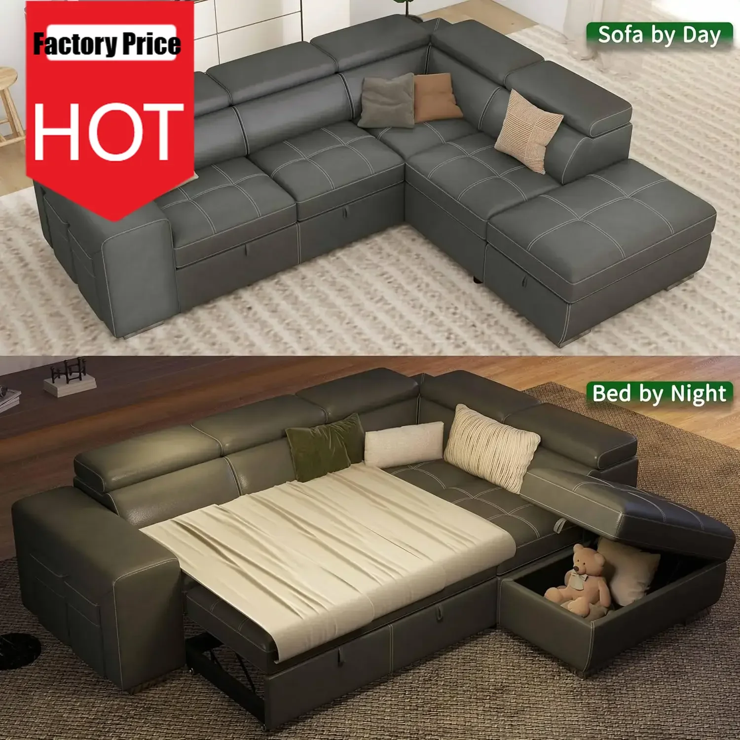 

Best choice 104'' Microfiber L Shaped Sectional Sleeper Sofa Couch with Pull Out Bed and Storage Ottoman, Convertible Couches wi