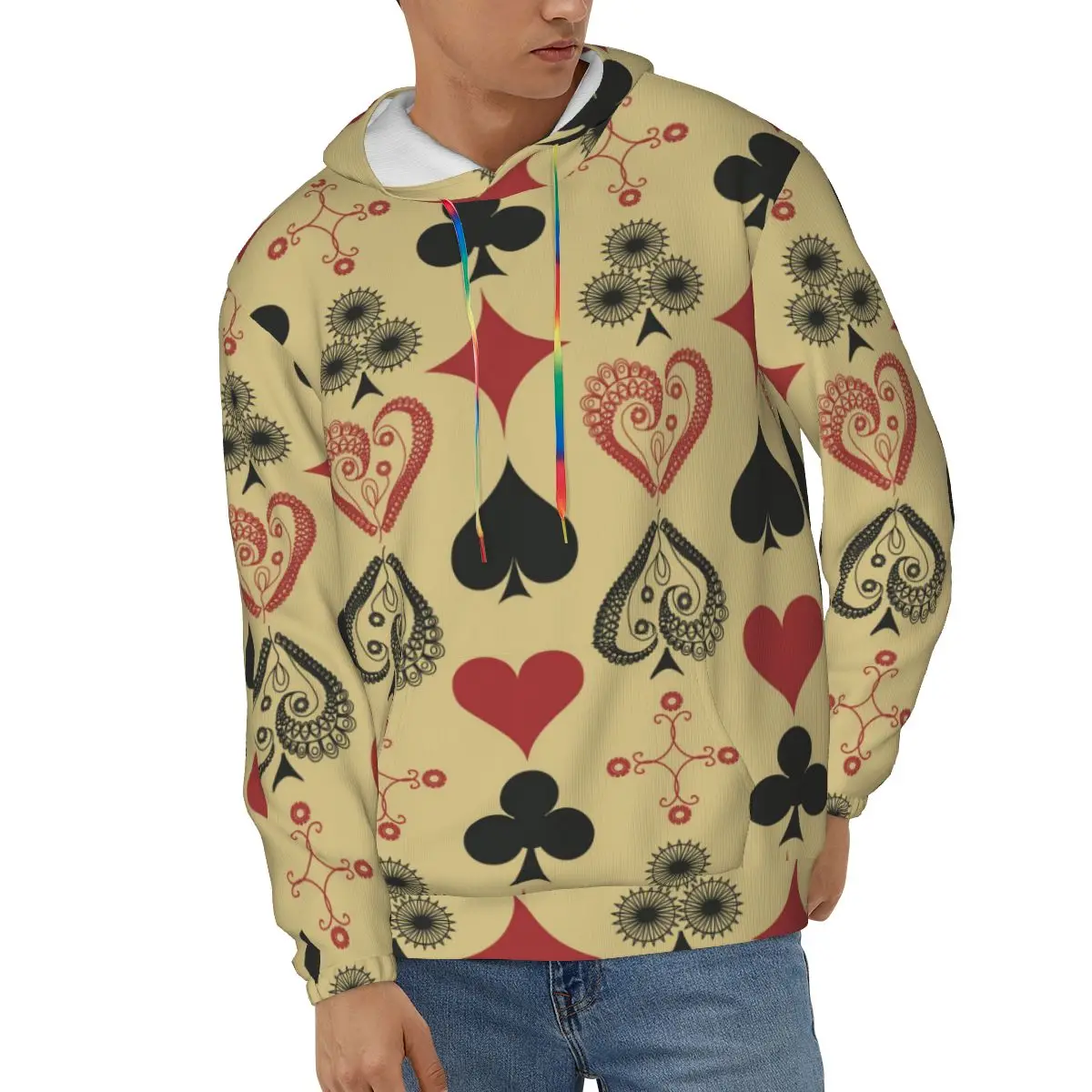 

Men Hoodie Autumn Winter Casual Hoodies Vintage Playing Cards Pattern Male Pullover Sweatshirt Streetwear