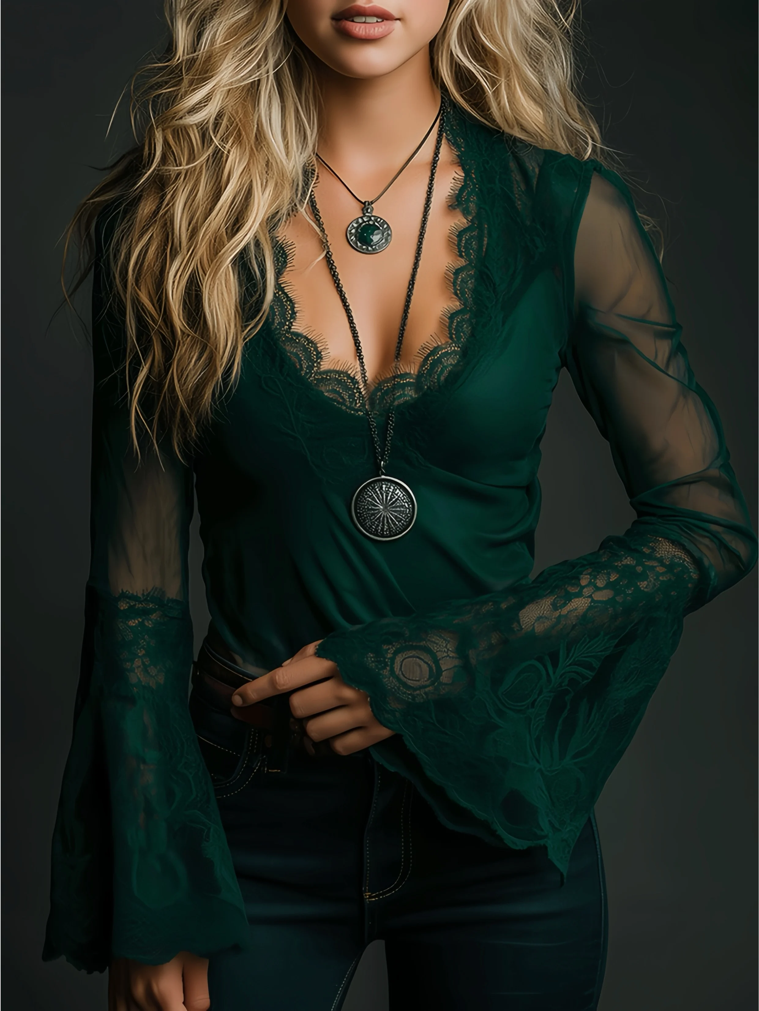 

Женская ретро-блузка с V-образным вырезом, кружевными вставками и прозрачной сеткой, с рукавами-колокол, элегантная модная блузка