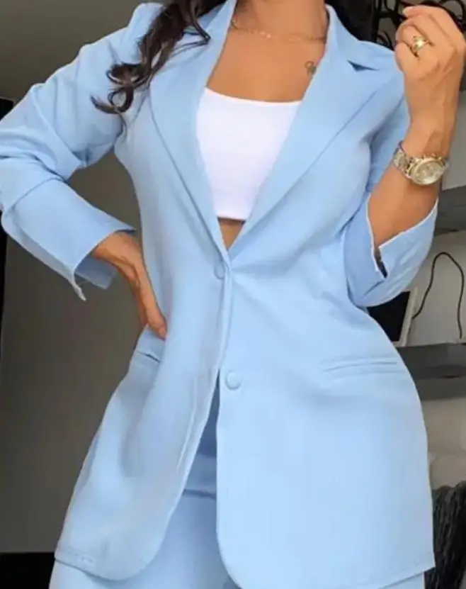 Casaco de manga comprida feminino, roupa com gola entalhada, elegante design de bolso, calças de trabalho, moda outono, 2 peças, 2023