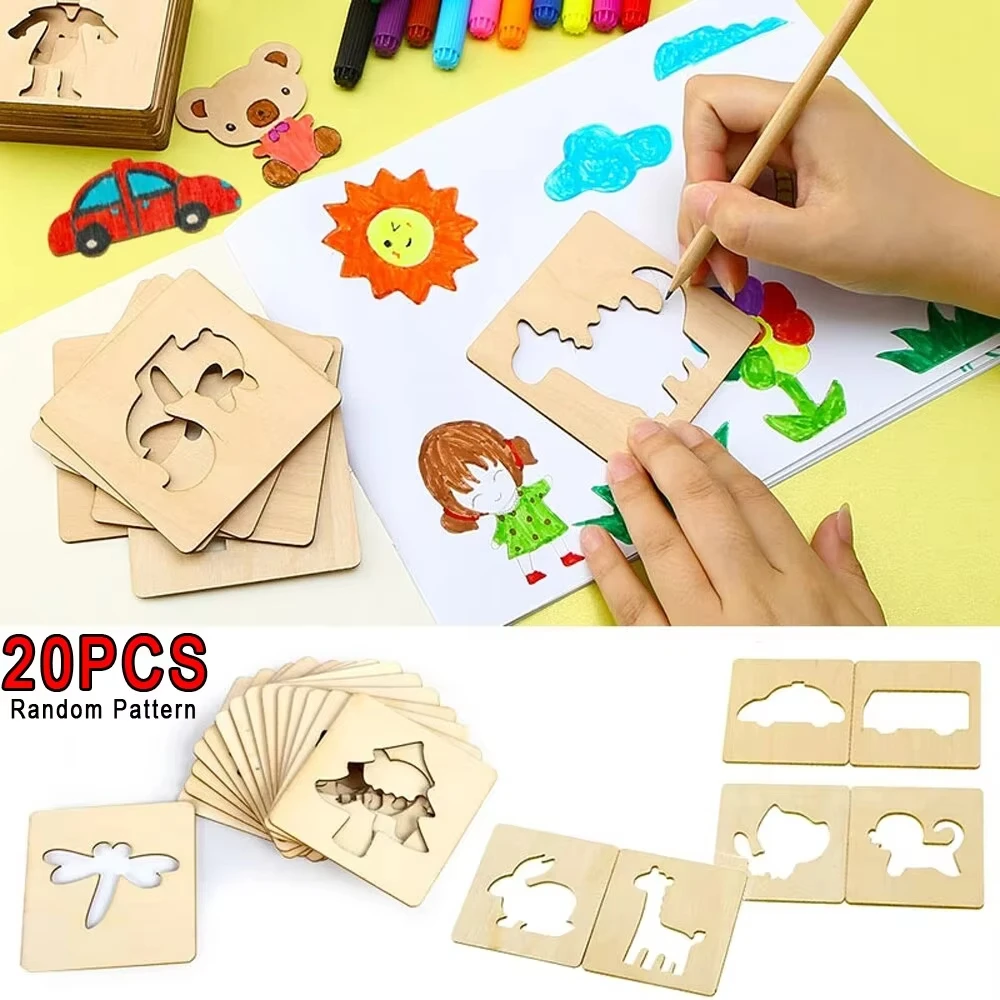 Jouets de dessin Montessori pour enfants, 20 pièces, modèle de peinture en bois, pochoirs, jouets éducatifs d'apprentissage, cadeau pour enfants