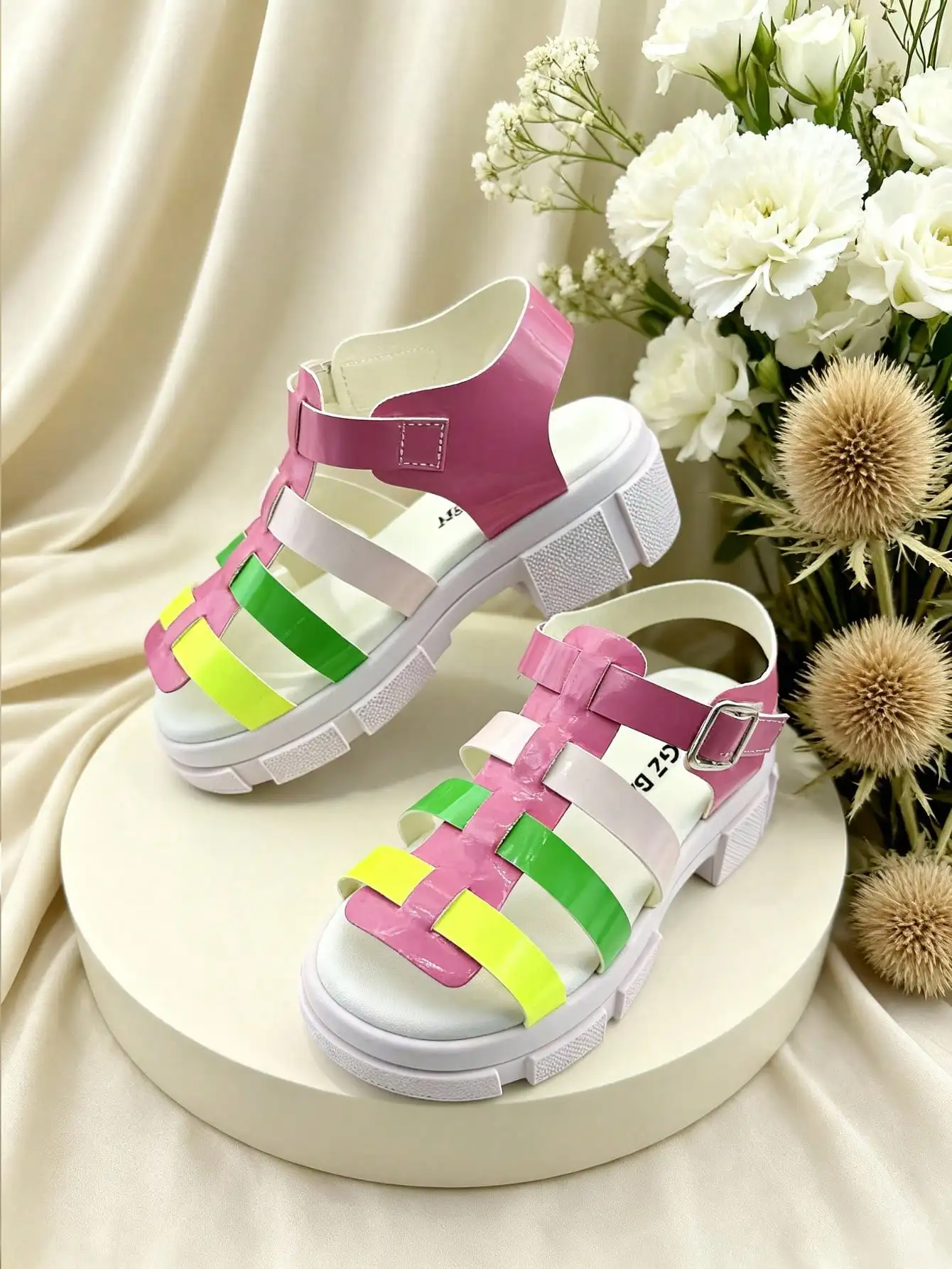 

Kids Multi-Color Chunky Platform Sandals Pink Green Yellow Ankle Strap Soft Sole Summer Casual Children Beach Footwear