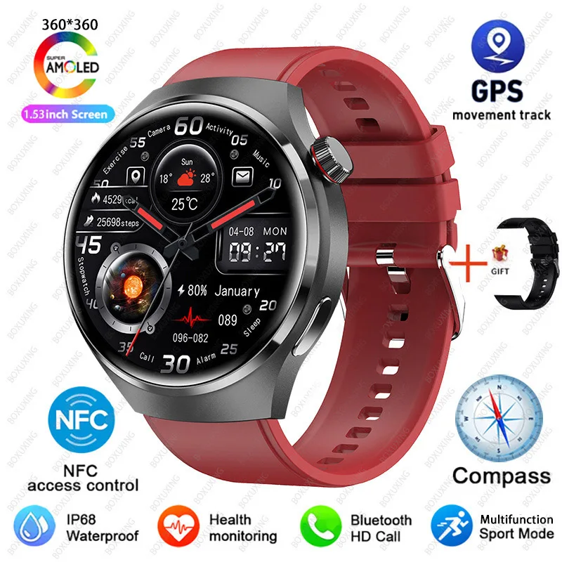 2025 New Watch 4 Pro GPS NFC Smart Watch Men 360*360 AMOLED Screen Heart Rate Bluetooth Call Waterproof Sports Man Smartwatch