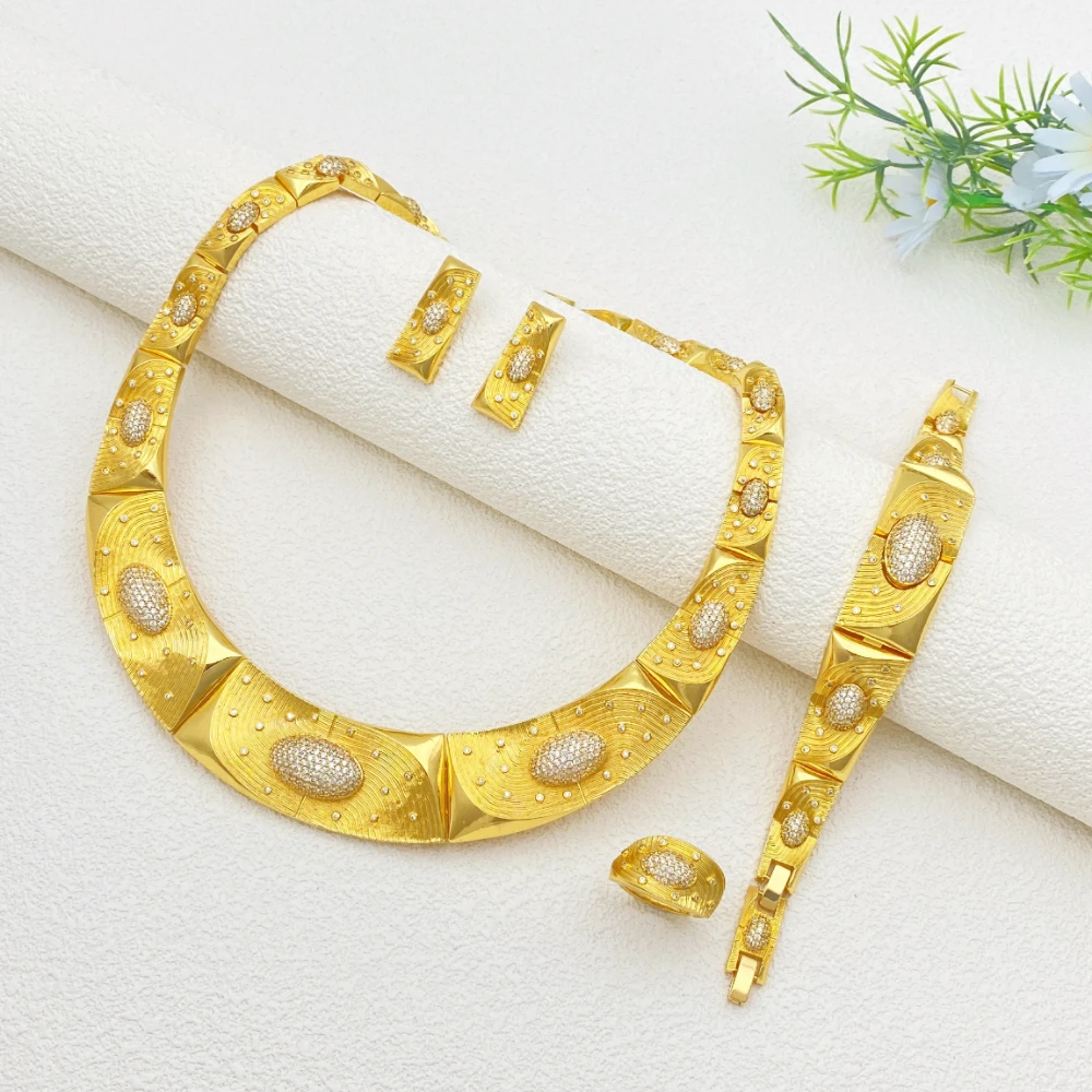 

Falair Dubai Gold Plated Copper Luxury Cubic Zirconia Bridal Jewelry Set with Necklace Earrings Bracelet And Ring for Wedding