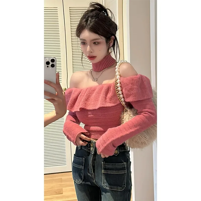 Sweet Pink Sweater Women Slash Neck Off Shoulder Slimming Pull Femme Knitwear Ruffled Long Sleeve Top Casual Pulls