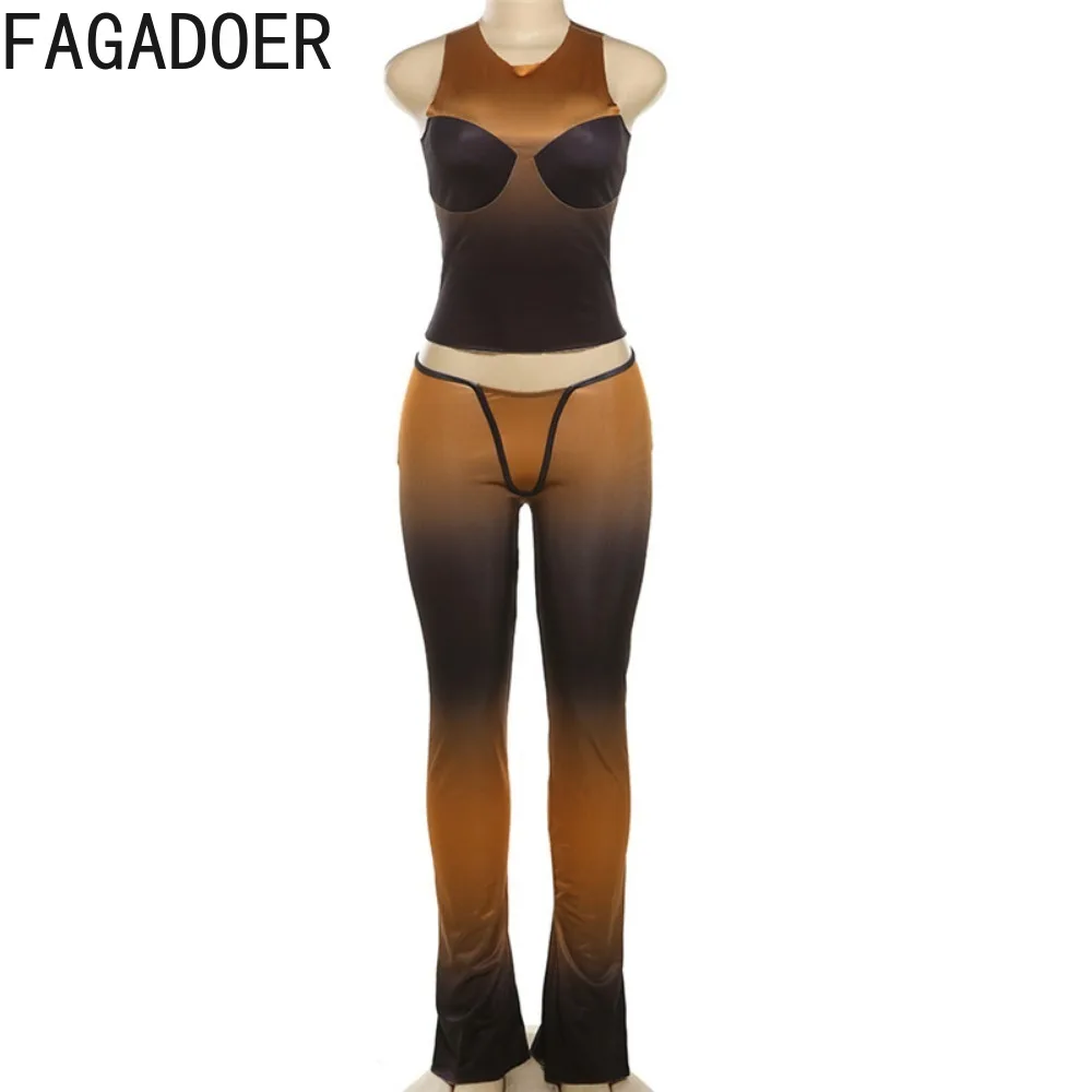 Fagadoer-top curto e calça skinny feminina, conjunto de duas peças com impressão gradiente, gola redonda, sem mangas, moda, streetwear