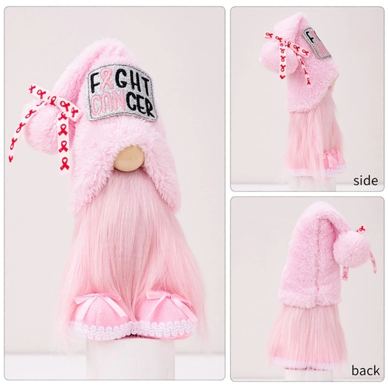 Pink Fight Cancers Gnomes Plushie,Pink Breast Cancers Awareness Gnomes with Ribbon,Stuffed Swedish Tomte for Women