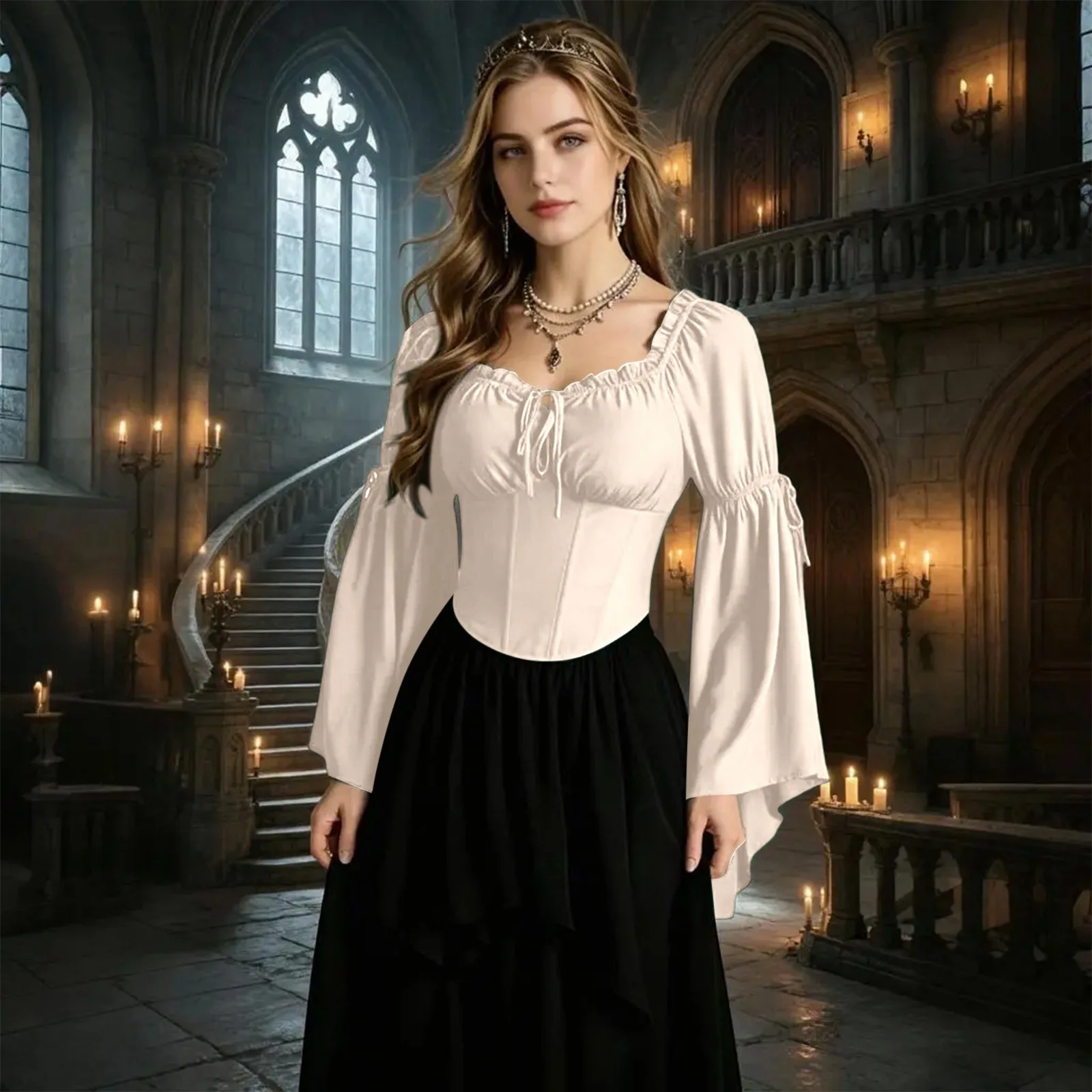 Renaissance Blouse Peasant Women Off Shoulder Sleeves Shirt Steampunk Pirate Medieval Cosplay Costume Corset Top Vintage Gothic