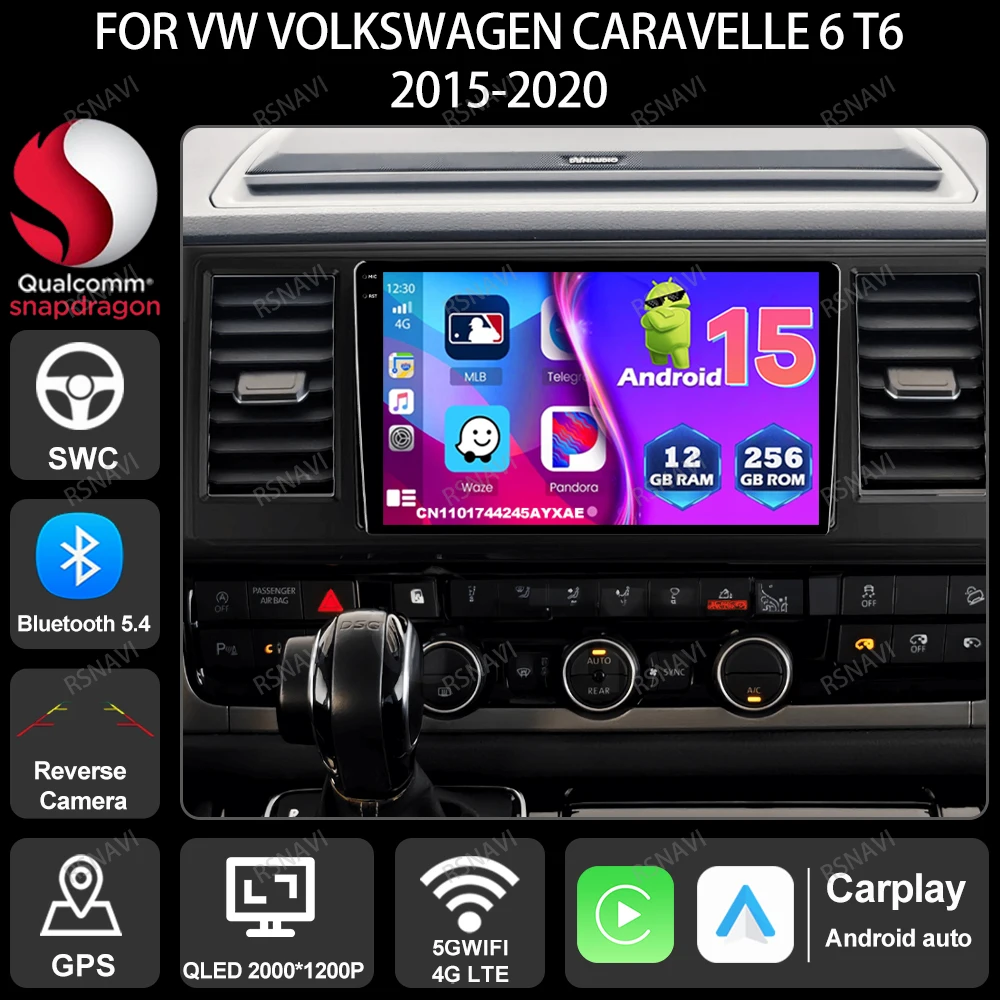 Car Radio Android 15 For VW Volkswagen Caravelle 6 T6 2015-2020 Navigation Head Unit 4G LTE 5G WIFI DVD GPS Viedo Player BT DSP