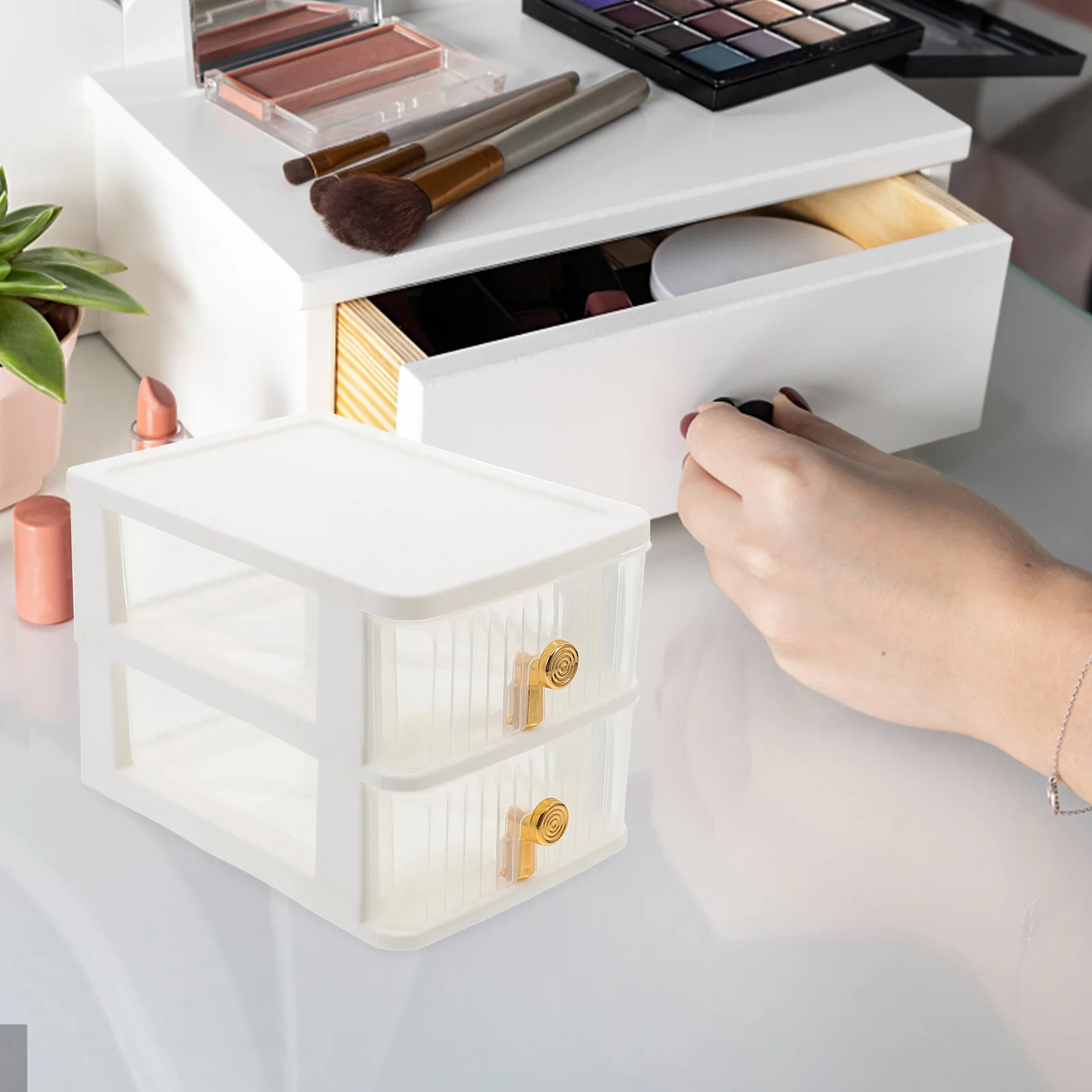 

1pc Mini Storage Box Desktop Organizer with Drawers Office Stationery White Unit Compact Space-Saving Plastic Document for Room