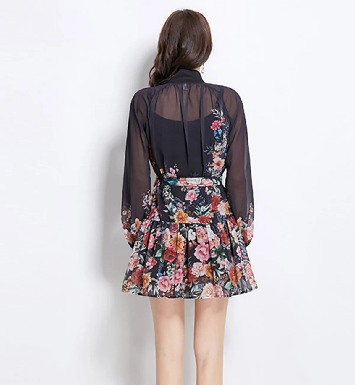 2025 Spring and Summer Vacation Women Clothing New Floral Oil Painting Style Printed Chiffon Standing Collar Short Dresses