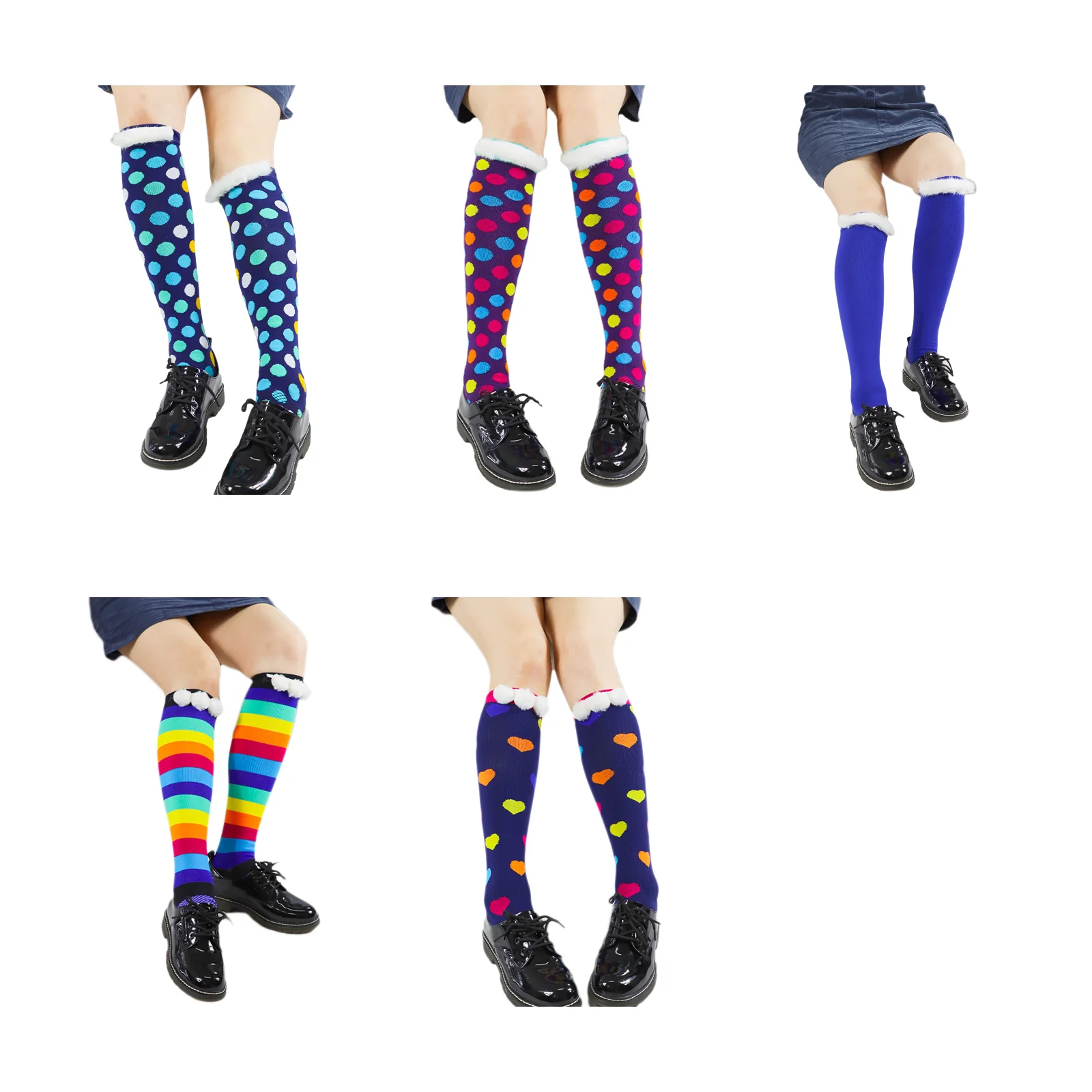 Lolita love polka dot knee-high calf socks set of five types (one pair each of styles 1-5)
