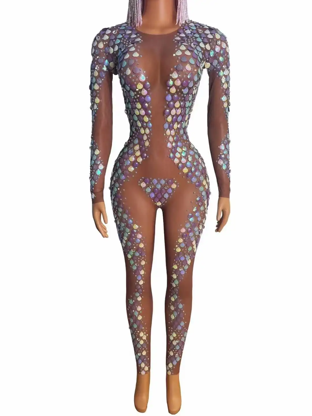 One Size Stretch Shell Rhinestone Jumpsuits For Women Sparkly Long Sleeve Birthday Party Costume Seashell Drag Queen Bodysuits