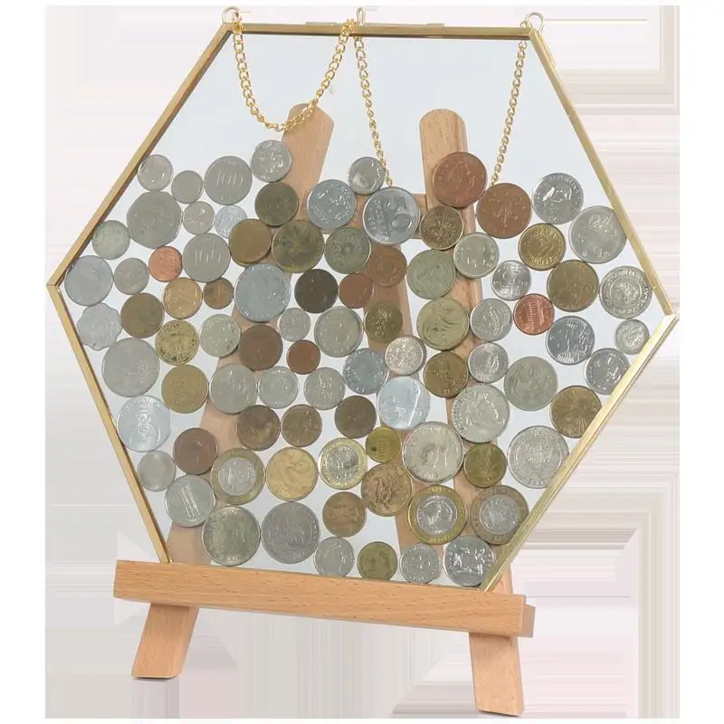 

Hexagonal coin display frame Collection metal photo frame glass transparent decoration storage simple retro picture ornament