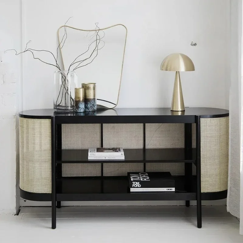 

Nordic Solid Wood Rattan Sideboard Cabinet Retro Domestic Entrance Cabinet