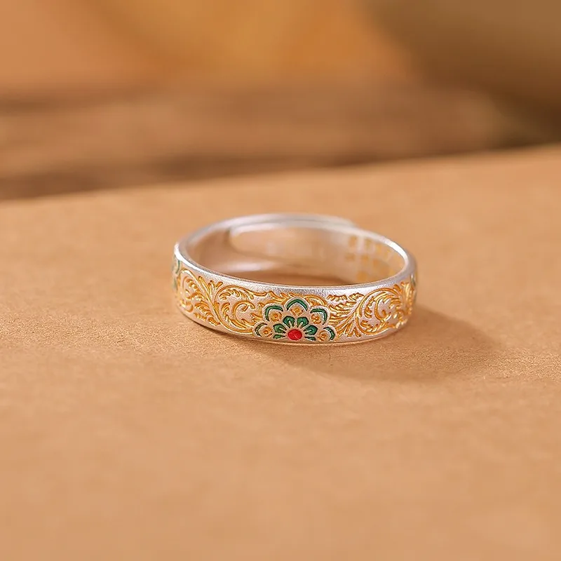 

TIMESWIND Women S999 Enamel Flower Scroll Grass Pattern Heart Sutra Open Ring with Certificate