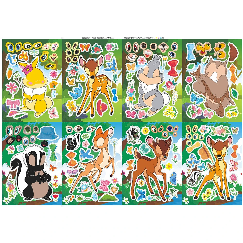 Disney-Bambi Cartoon Puzzle Adesivos para Crianças, Decalques, Engraçados, Fazer um Rosto, Montar, Crianças, Festa de Aniversário, Presente de Brinquedo, 8 Folhas, 16 Folhas