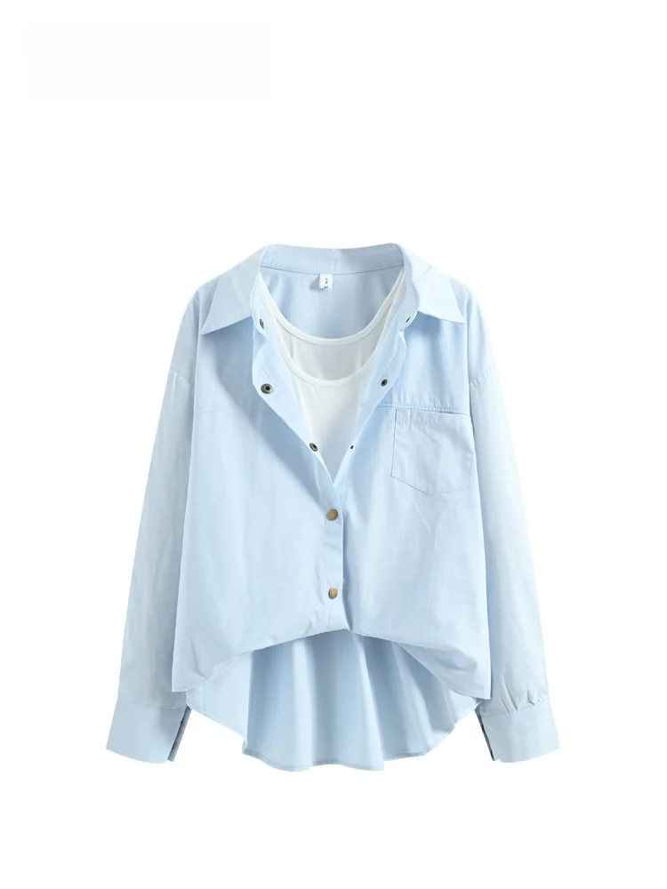 

Casual Long Sve irt Women plus Size Spring Faionable Agel Fake Two-Piece Top Cotton Blend Comfortable Loose Fit