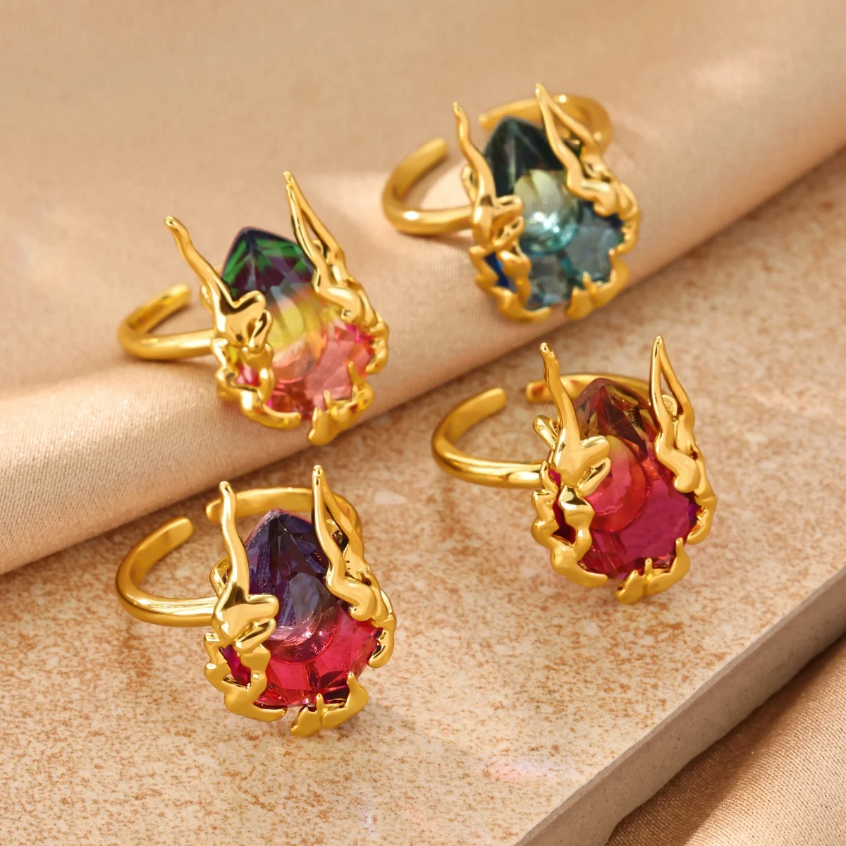 Colorful Zircon Flame Drop Rings For Women Stainless Steel Water Drop Ring Femme Wedding Party Jewelry Gift Femme