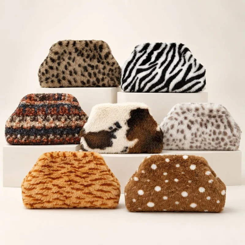 Winter New Evening Clutch Bag Design Animal Pattern Faux Fur Handbag Female Furry Wedding Party Banquet Bag Fashionable 2026