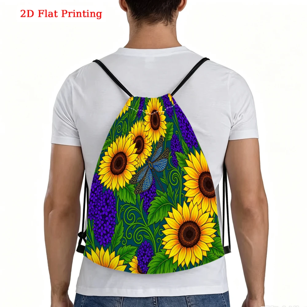 Vibrant Bohemian Style, Drawstring Backpack, Sunflower And Dragonfly Floral Print, Gym Sports Bag, Outdoor Travel Cinch Sack