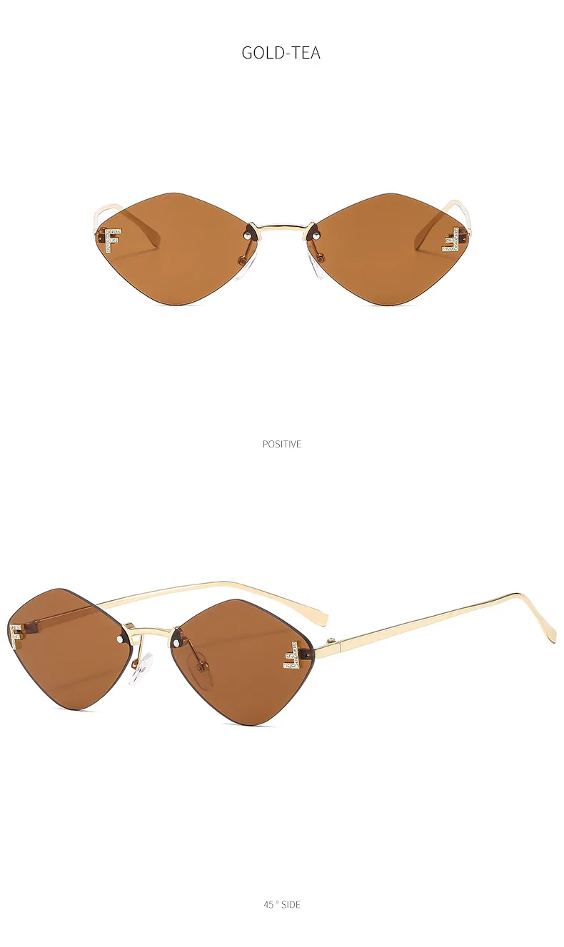 Trendige randlose rautenförmige Sonnenbrille F Damen-Sonnenbrille der Luxusmarke Damen klassische elegante Brillenschirme – Detail 7