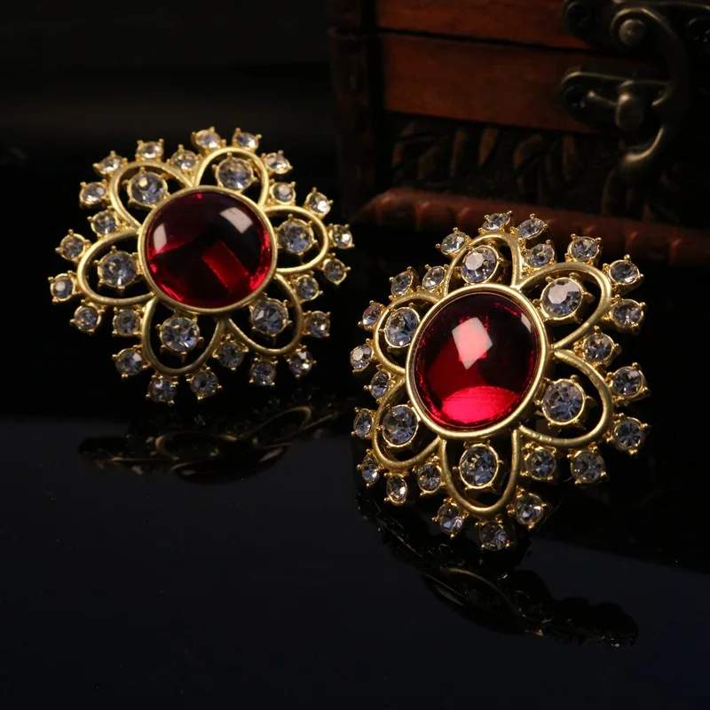 

Royal Style Flowers Red Glass Delicate Rhinestone Ear Clip Electroplated Real Gold Elegant Temperament All Matching Earrings Ins