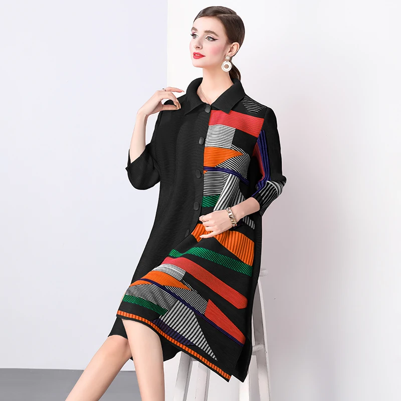 

Miyake Pleated Oversize Draped Dress Women Lapel Print Loose Large Size Fat Thin Single-breasted Cardigan Dresses 2024 Autumn