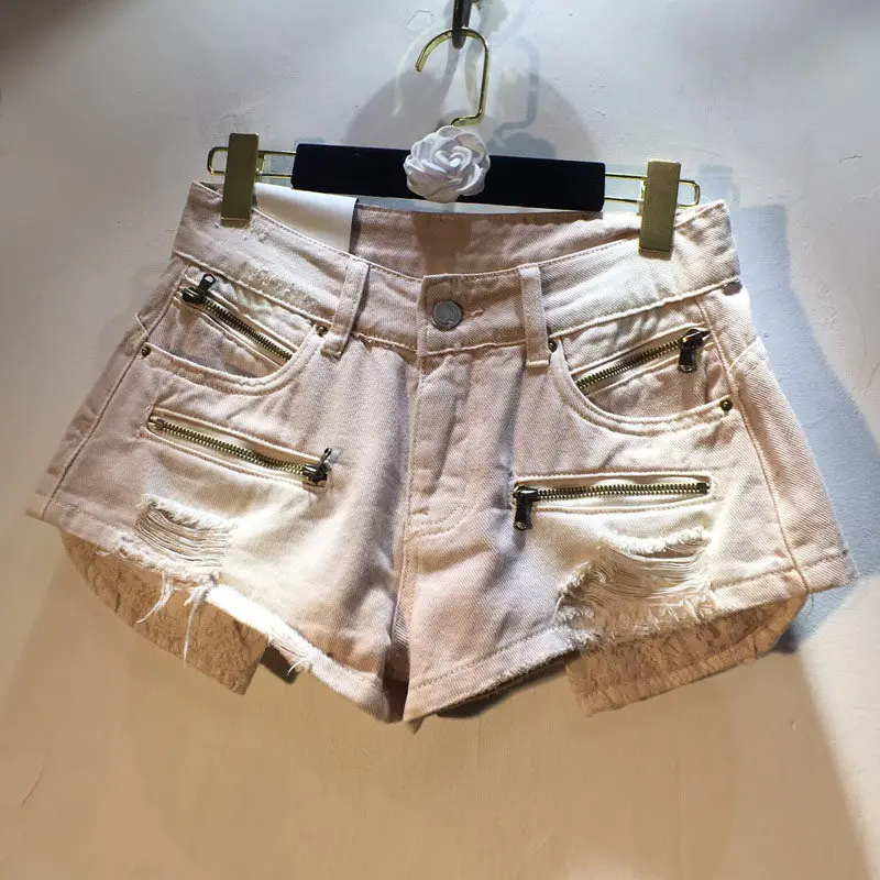 

Spicy Girl Style Summer New Zipper Lace Pocket Low Waist Slimming Sexy Washed Denim Shorts Hot Pants for Women