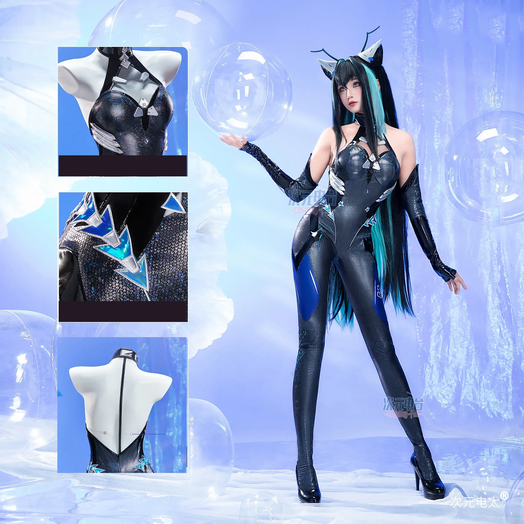 Jumpsuit Kulit Seksi Elastis dengan Headwear, Kostum Pesta Karnaval Halloween, Pakaian Anime Nikke Little Mermaid Cosplay untuk Wanita