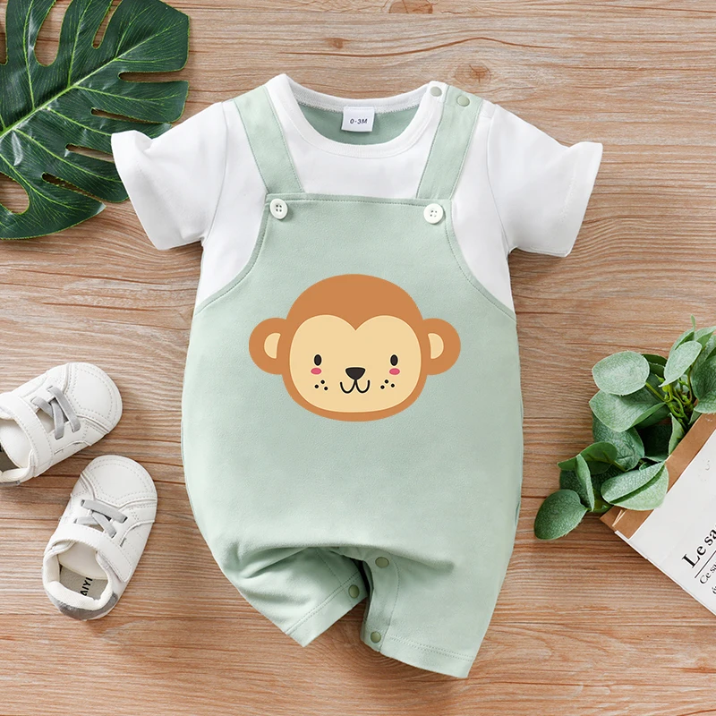 

Летнее боди для новорожденных пастельно-зеленого цвета с искусственными подтяжками и круглым вырезом, мягкое и удобное, подходит для активного отдыха