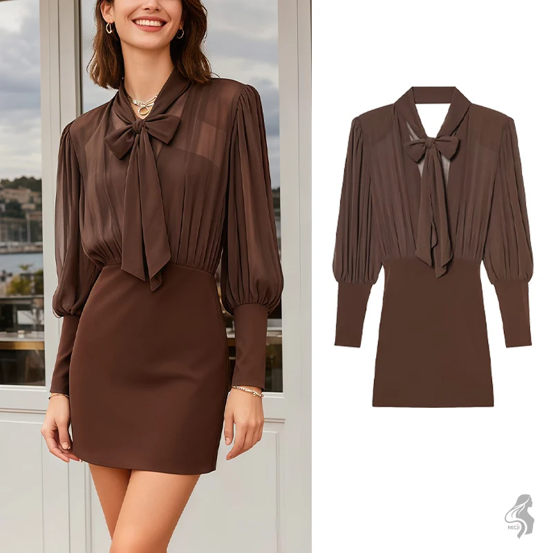 Lace Up Sheer Dark Brown Dress With Puff Sleeves And Waist Hugging Short Skirt Trendy Stylish Party And Date Outfit For Women