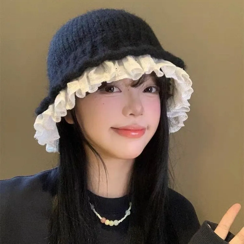 

Sweet Lace Trim Knitted Fisherman Hat Solid Color Korean Style Women Bucket Hat Large Head Circumference Yarn Beanie Hat Women