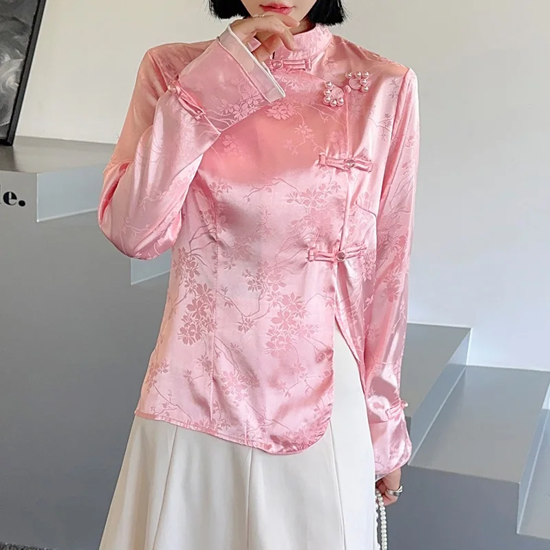 Vintage Chinese Style Jacquard Shirts High Neck Pearl Buckle Pink Long Sleeve Lady of Temperament Elegance Office Basics Shirt