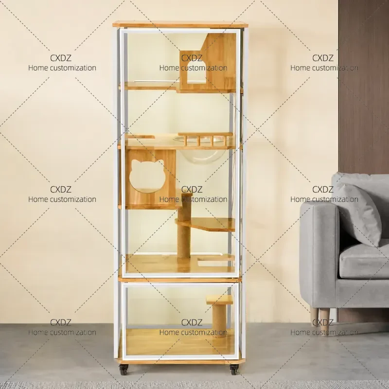Custom Panoramic Cat Cage Villa with Integrated Toilet Solid Wood Glass Cat Cabinet Indoor Pet House for Small Apartments