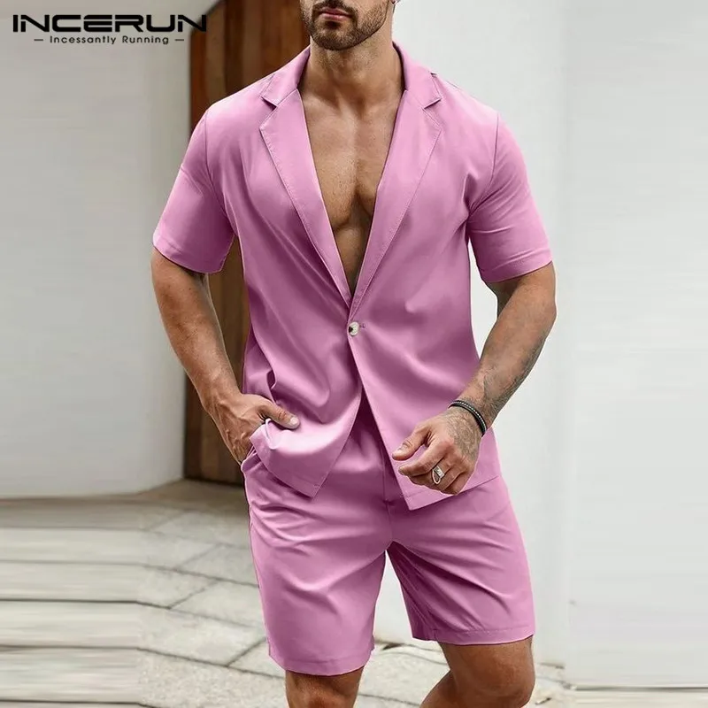 INCERUN 2024 American Style New Men\'s Stylish Sets Solid Short Sleeved Blazer Shorts Casual Streetwear Male Two-piece Sets S-5XL