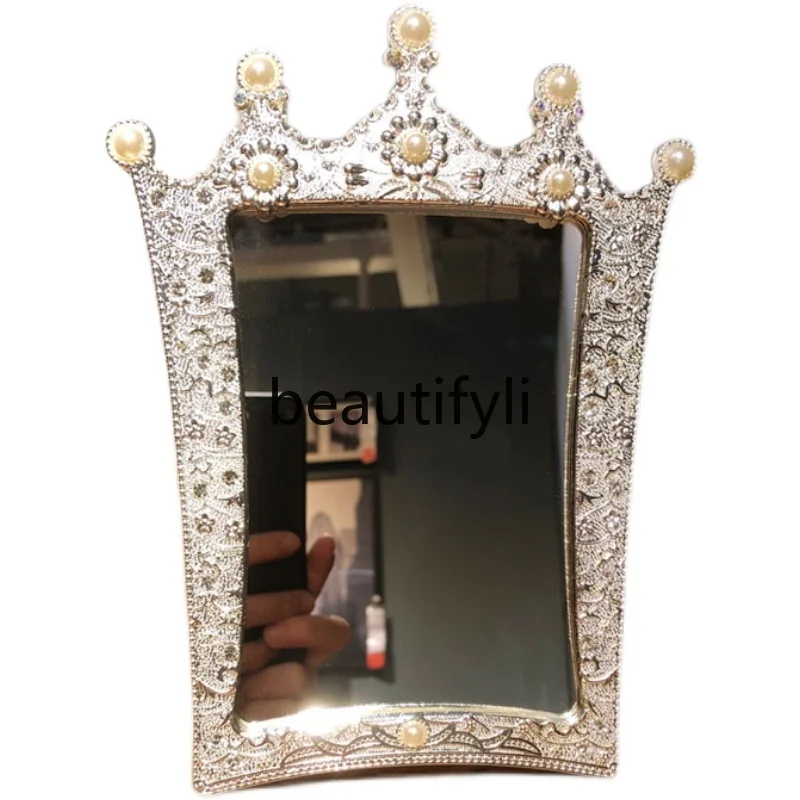 

European retro mirror makeup mirror desktop dormitory desk pearl single-sided vanity mirror metal