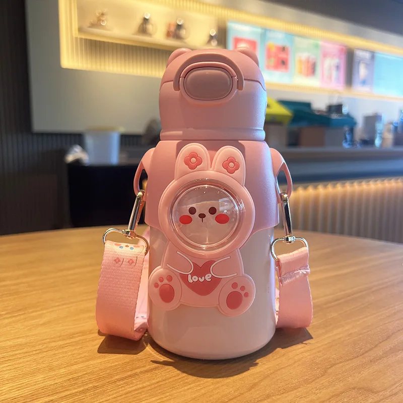 500ml Cute 3D Bear Rabbit Kids Insulated Water Bottle with Straw, Portable Stainless Steel Thermos with Strap view 6