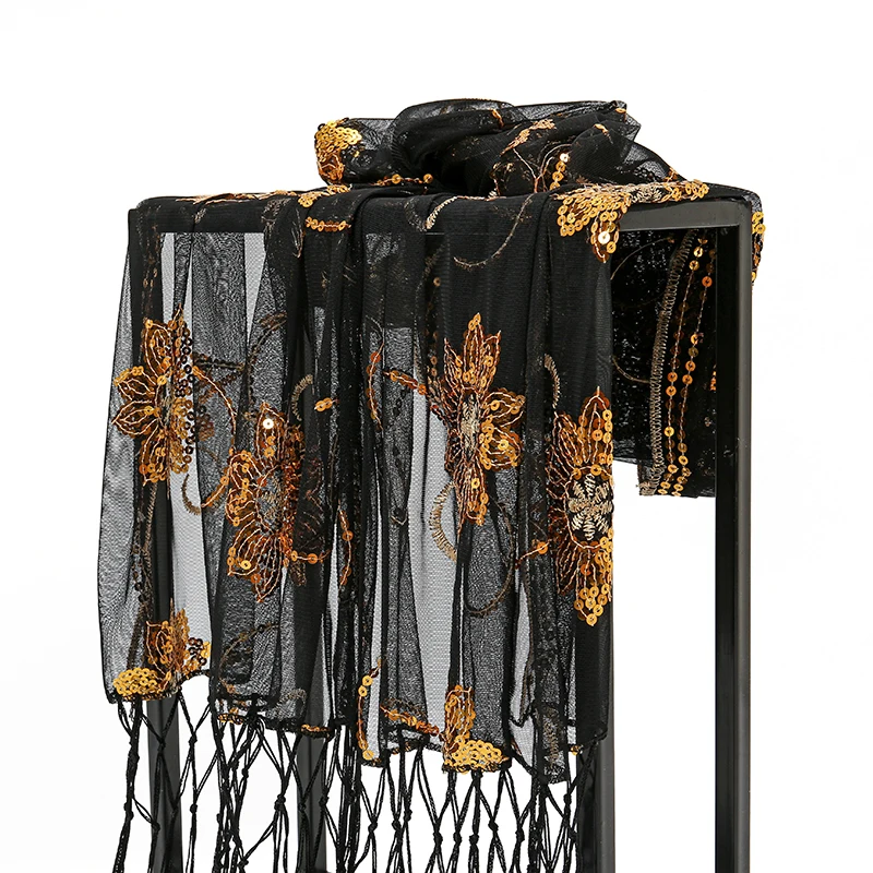 Vintage Flower Tassel Sequin Shawl Scarf Elegant Long Muslim Women Wrap Party Evening Dress Shawl Fringed Wedding Cape Prom