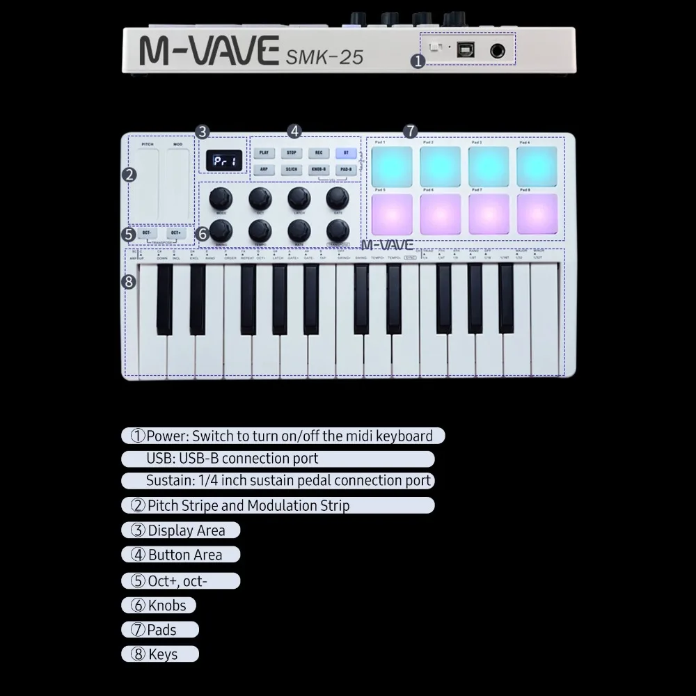 2024 NEW M-VAVE 25-Key MIDI Control Keyboard Mini USB Keyboard MIDI Controller with 25 Velocity Sensitive Keys 8 RGB Backlit