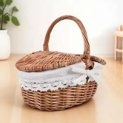 

Portable Handwoven Storage Baskets Sturdy Handle Picnic Outdoor Organizer Vintage Cornucopia Basket for Household Food