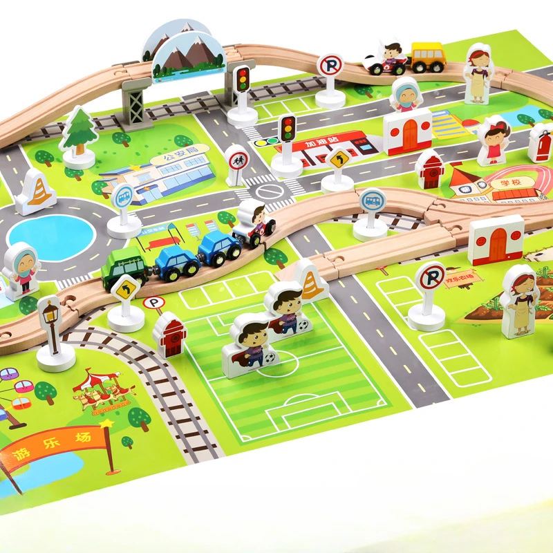 80 stücke Montessori Bildung Holz Puzzle Diy Städtischen Verkehrs Schiene Auto Holz Zusammengesetzte Bausteine Brettspiele Sensorischen Spielzeug Geschenk
