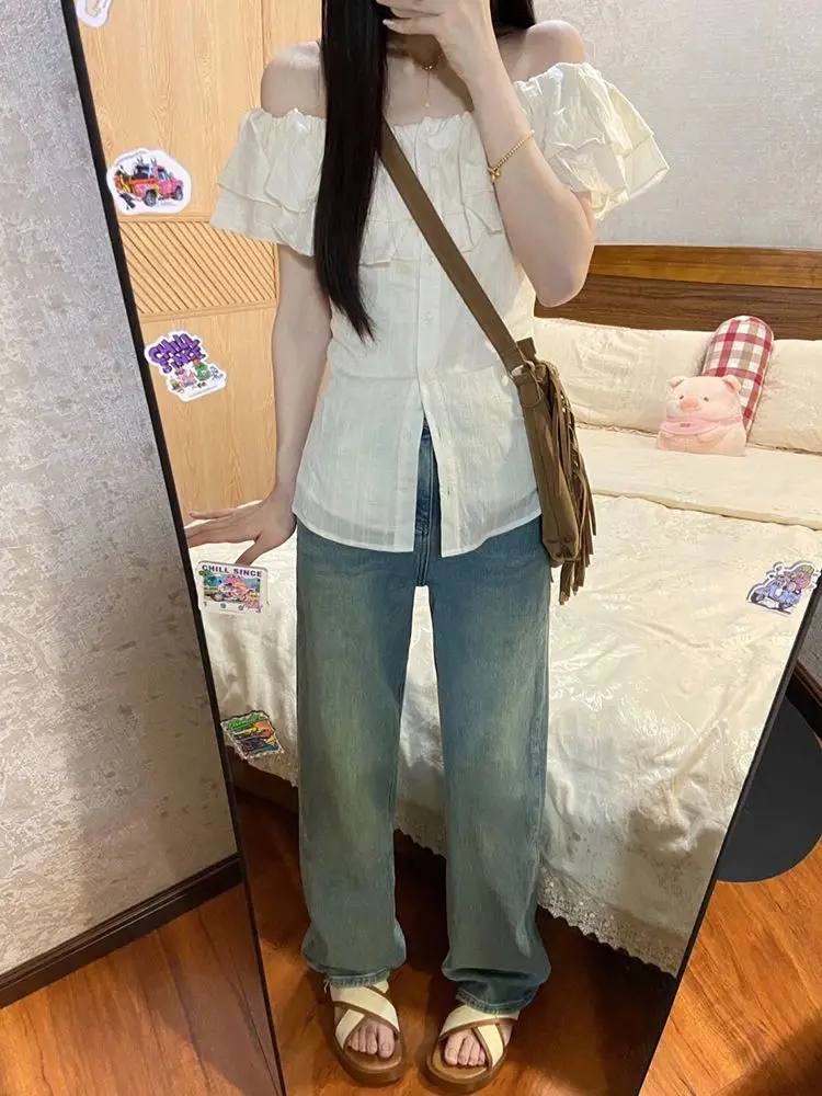 Camicia a maniche corte pura e dolce da donna in camicia estiva dal design di nicchia con top monospalla sottile e sottile