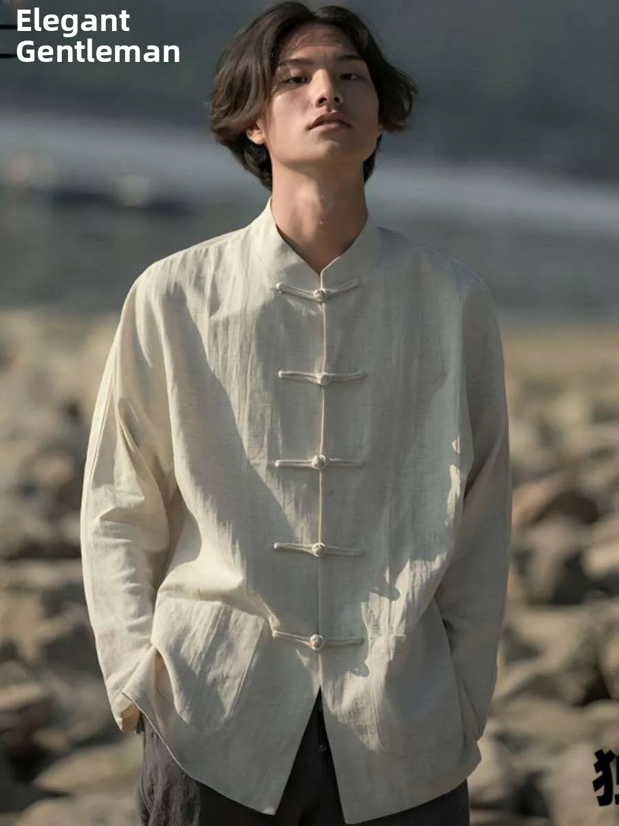 

Retro Chinese Sle Men's irt Linen Cotton Linen Long Sve Stand Collar Zhongan irt Autumn Thiened Fce Lined Pur...