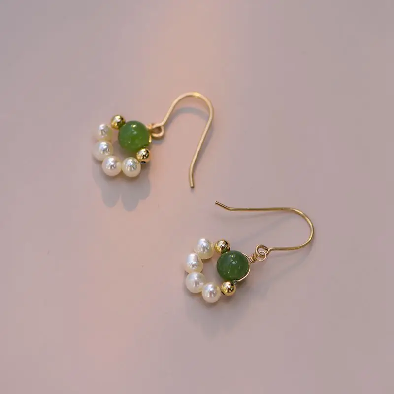 100 % natürliche barocke Süßwasserperle und Jadestein, 14 Karat Gold gefüllt, Damen-Tropfenohrringe, nicht allergisch, für Frauen, Geburtstagsgeschenke – Detail 2