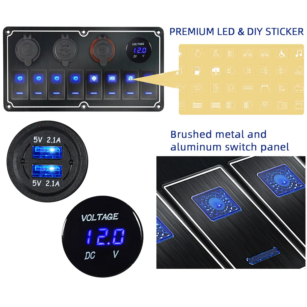 Waterpoof Switch Panel For Car Truck Boat Boat Camper With USB Socket Voltmeter Cigarette Lighter Dual Blue Light DIY Sticker