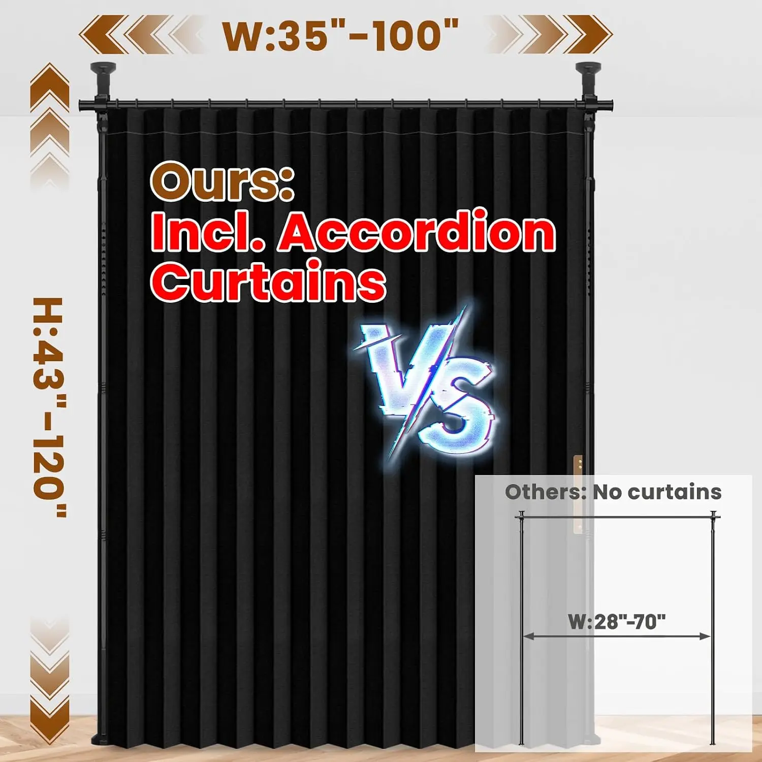 100% Blackout Room Divider Curtain Sets Black 1 Panel W100 X L84in No Drill Curtain Rods 43-120(H) X 35-100(W) In For Bedroom Pr