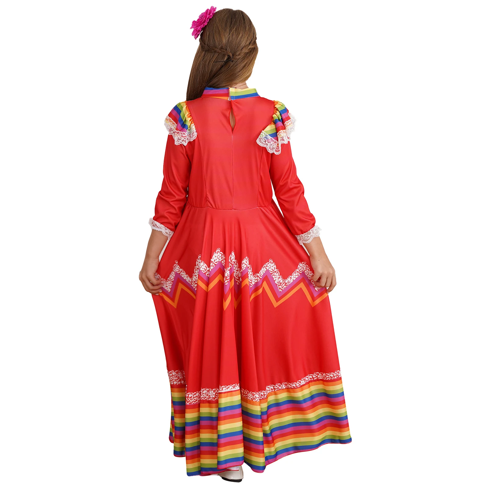 Traditionelles mexikanisches Folk-Kleid für Mädchen, mexikanisches Festival, Feier, langes, breites Swing-Kostüm, Halloween-Karnevalskostüme